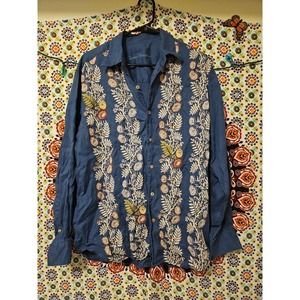 Tommy Bahama Long Sleeve Blue Mens Medium Embroidered Flowers Floral 100% Linen